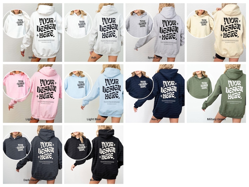 Fram- och baksida Gildan 18500 Mockup-paket Fram- och baksida Hoodie Mockup-paket Svartvitt Mockup-tryck på baksidan Stor hoodie Hela butikspaketet bild 3