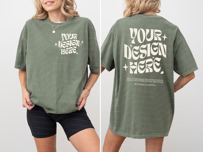 May include: An oversized green t-shirt with the text "YOUR + DESIGN + HERE" printed on the front and back. The shirt is made from a soft, comfortable material and has a relaxed fit.