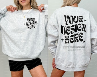 Gildan 18000 Front and Back Ash Mockup Ash Front Back Sweatshirt Mockup Oversized Mockup Ash Sweater Mockup Heather Grey 18000 Gildan Mockup