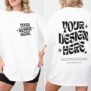 Couleurs confort devant et dos blanc C1717 Mockup blanc imprimé au dos T-shirt surdimensionné maquette modèle Gildan blanc Mockup 3001 T-shirt blanc