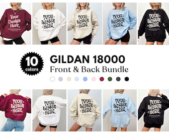 May include: A collection of Gildan 18000 crewneck sweatshirts in ten different colors, displayed in front and back views. Each sweatshirt features the text 'YOUR DESIGN HERE' in a bold, wavy font on the chest and back, with smaller text below.