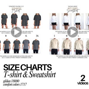 May include: A size chart for Comfort Colors 1717 t-shirts and Gildan 18000 sweatshirts. The image displays multiple models wearing various sizes from S to 2XL, with text indicating model heights and advice to size up for an oversized look.