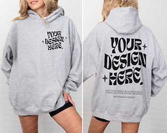 Mockup de moletom com capuz Gildan 18500 cinza mesclado (frente e verso) e cinza mesclado (frente e verso). Mockup de modelo oversized com capuz.