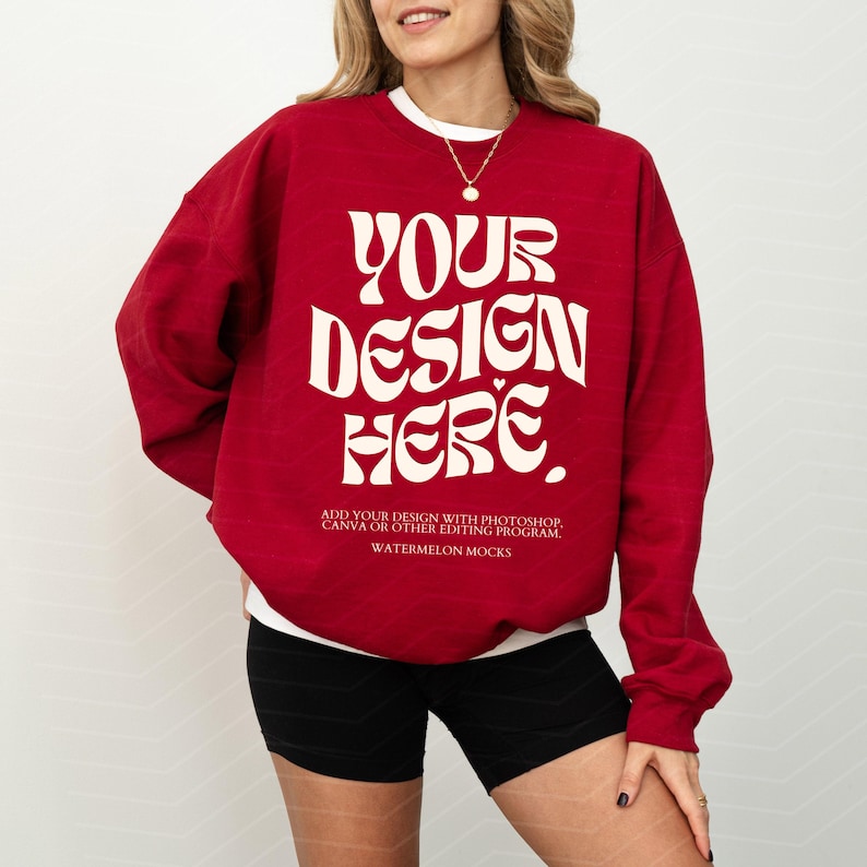 Gildan 18000 Cardinal Red Mockup Sweatshirt Mockup Oversized Mockup Cardinal Red Sweatshirt Mockup 18000 Gildan Mockup Sweater Model Mock image 1