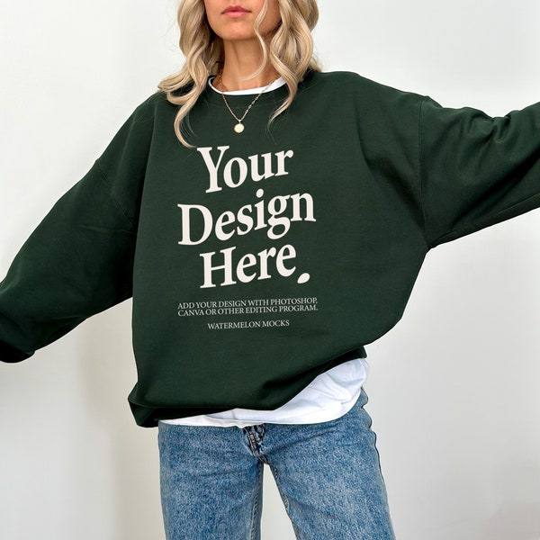 Gildan 18000 Green Mockup Green Sweatshirt Mockup Oversized Forest Green Hoodie Mockup Model 18000 Gildan Green Mock Crewneck Trendy Mock Up