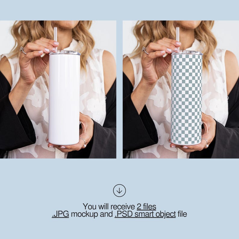 a woman holding a white and black cup