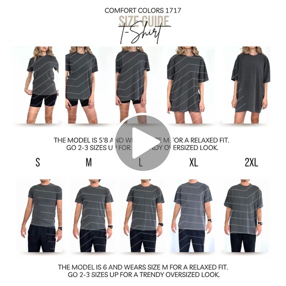 Comfort Colors C1717 Video Size Guide Printable Sizechart Video Size Guide Mockup Shirt Mock up Unisex Size Chart POD Size Comparison Chart