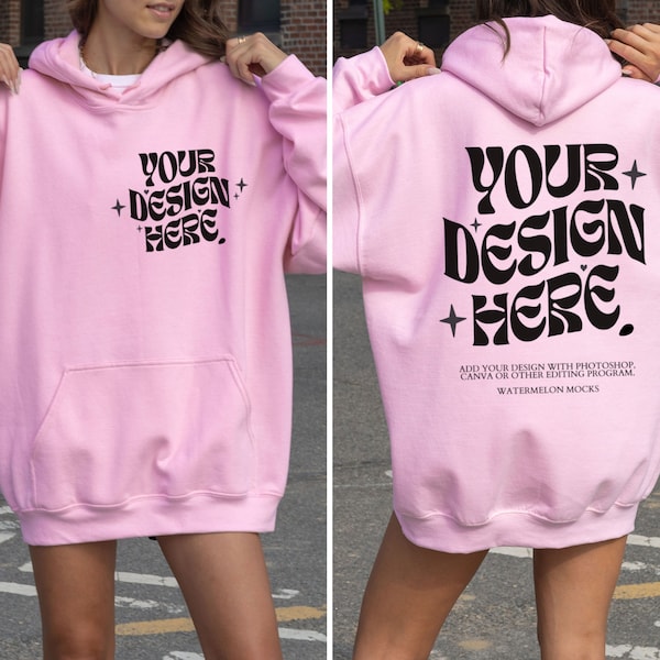 Light Pink Gildan Front Back Hoodie Gildan 18500 Mockup Print on Back Gildan Pink Hoodie Mockup Oversized Hoodie Mockup Pink Model Mockup