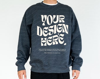 Gildan 18000 Dark Heather Mockup Male Sweatshirt Mockup Oversized Mockup Dark Heather Sweatshirt Men Mockup 18000 Gildan Mockup Sweater