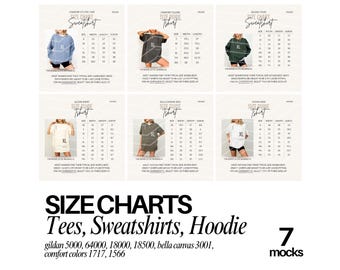Puede incluir: Una colección de seis tablas de tallas para diversas prendas, incluyendo sudaderas y camisetas de marcas como Gildan, Bella Canvas y Comfort Colors. Cada tabla muestra las medidas de ancho, largo y manga en pulgadas para tallas de S a 3XL.