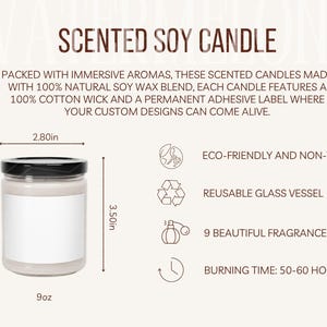 Tabela de tamanhos de velas de soja perfumadas e detalhes do produto Guia de tamanhos de velas e principais recursos Maquete Ferramenta de listagem de POD Instruções de cuidado para velas