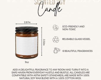 Scented Soy Candle Size Chart and Product Details Candle Size Guide and Key Features Mockup POD Listing Tool Care Instructions for Candle