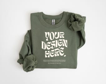 Gildan 18000 Military Green Mockup Gildan Military Green Sweatshirt Flat Lay Mockup Folded Sweatshirt Mockup Gildan 18000 Flatlay Crewneck