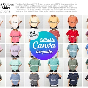 Puede incluir: Una plantilla de carta de colores digital para camisetas Comfort Colors C1717, que muestra 30 colores diferentes en modelos. La imagen incluye etiquetas de texto para cada color y un gráfico central que dice 30 COLORS Editable Canva template.