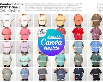 Comfort Colors C1717 Color Chart Canva Template Printful Tshirt C1717 Color Options Comfort Colors 1717 Swatch C 1717 Color Guide Size Chart