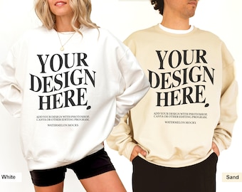 Couple Sweatshirt Mockup Gildan 18000 Mockup Sand White 18000 Mockup Male Mockup Group Oversized Men Mockup Couple Mockup Crewneck