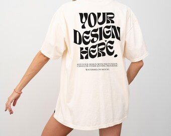 Back Ivory C1717 Mockup Back Comfort Colors Mockup Ivory Mockup Back Natural Mockup Print on Back Oversized shirt Model Mockup Beige t-Shirt