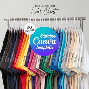 Tabla de colores Bella Canvas 3001 Opciones de paleta de colores de la camiseta Printful 3001 Muestra de color BC 3001 Guía de colores de la camiseta 3001 Maqueta de Bella Canvas