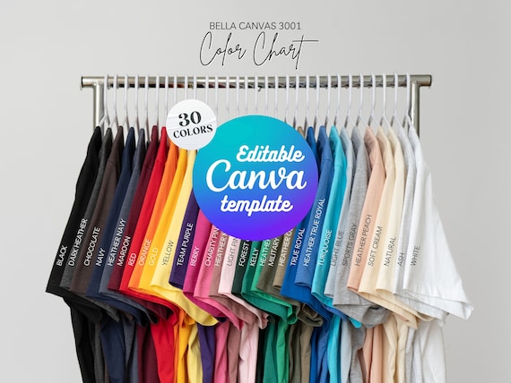 Bella Canvas 3001 Color Chart Printful Tshirt 3001 Color Palette Options BC 3001 Color Swatch 3001 t-shirt Color Guide Bella Canvas Mockup