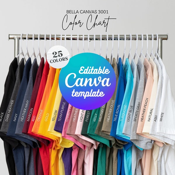 Bella Canvas 3001 Color Chart Printful Tshirt 3001 Color Palette Options BC 3001 Color Swatch 3001 t-shirt Color Guide Bella Canvas Mockup