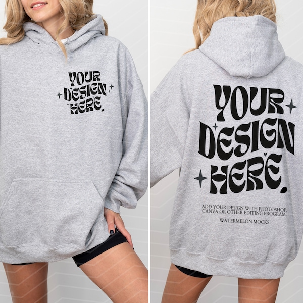 Front and Back Gray Gildan 18500 Sport Grey Gildan Hoodie Mockup Front Back Heather Grey 18500 Hoodie Mockup Oversized Hooded Model Mock up