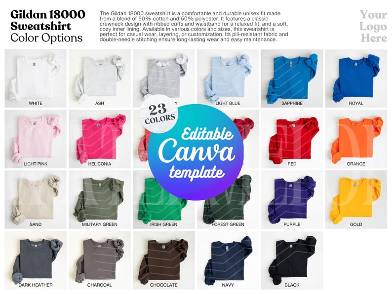 Gildan 18000 Color Chart Canva Template Printful Sweatshirt 18000 Color Options Gildan Color Swatch G 180 Color Guide Size Chart 18000 Model image 1