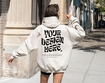 Back Gildan 18500 Mockup Gildan Sand Hoodie Mockup Back of Sweatshirt Model Back Mockup Gildan Sand 18500 Sand Gildan Hoodie Mockup Outdoors