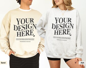 Couple Sweatshirt Mockup Gildan 18000 Mockup Sand Ash 18000 Mockup Male Mockup Group Oversized Men Mockup Couple Mockup Crewneck