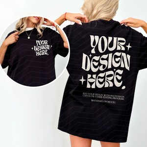 May include: Black oversized t-shirt mockup with the text "YOUR + DESIGN + HERE" in a retro font. The text is in a light beige color. The t-shirt is shown on a model.