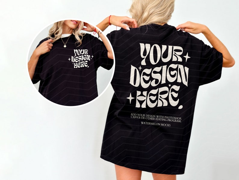 May include: Black oversized t-shirt mockup with the text "YOUR + DESIGN + HERE" in a retro font. The text is in a light beige color. The t-shirt is shown on a model.