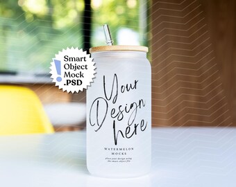 May include: A frosted glass tumbler with a bamboo lid and a metal straw. The glass features the black text Your Design here, Watermelon Mocks, and place your design using the smart object file. A white starburst badge reads Smart Object Mock .PSD.