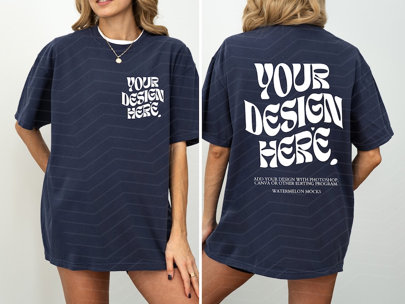 Front and Back Comfort Colors Navy Mockup C1717 Navy Mockup Front Back Mockup Print on Back Oversized Tshirt Model Mockup image 1