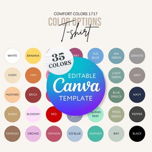 以下が含まれることがあります： Comfort Colors 1717 Tシャツのカラーチャートテンプレート。ホワイト、バナナ、アイボリー、ヤム、マスタード、ブリック、カーキ、ブロッサム、レッド、エスプレッソ、オーキッド、クリムゾン、アイスブルー、シーフォーム、ブラックなど、35個の円形カラー見本とラベルが表示されています。