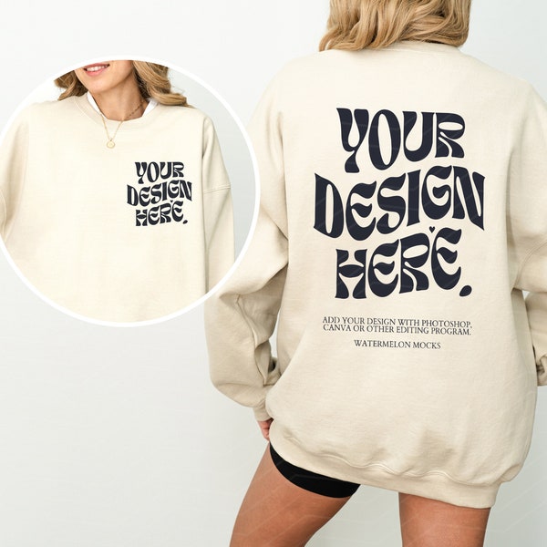 Gildan 18000 Front and Back Sand Mockup Front Back Sweatshirt Mockup Oversized Mockup Sand Mockup 18000 Gildan Mockup