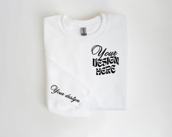 Sleeve Gildan 18000 White Mockup Gildan White Sweatshirt Flat Lay Mockup Folded Sweatshirt Mockup White Gildan 18000 Flatlay Crewneck Mockup