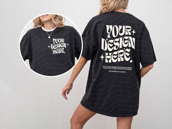 Front and Back Black C1717 Black Comfort Colors Mock Black Mockup Front Back Mockup Print on Back Oversized Tshirt Model Mockup Black tshirt