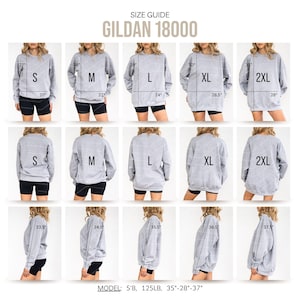 Peut inclure: Guide des tailles pour les sweatshirts Gildan 18000. L'image présente plusieurs vues du sweat-shirt en tailles S, M, L, XL et 2XL. Les mesures sont fournies en pouces pour la poitrine, la longueur et la manche. Le modèle mesure 173 cm, 56,7 kg, avec des mensurations de 89-71-94 cm.