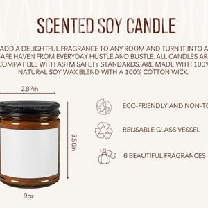 Tabela de tamanhos de velas de soja perfumadas e detalhes do produto Guia de tamanhos de velas e principais recursos Maquete Ferramenta de listagem de POD Instruções de cuidado para velas