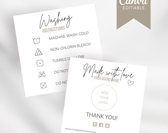 May include: Two square white cards with black text and icons. One card displays washing instructions with symbols for machine wash, bleach, and tumble dry. The other card features the text Made with love, a logo placeholder, and social media icons.