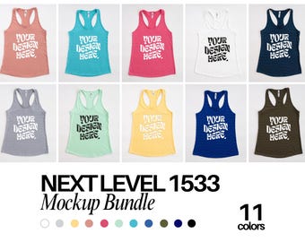 May include: A collection of ten racerback tank tops in various colors, each featuring the text 'YOUR DESIGN HERE' in a wavy white or black font. The image includes the text 'NEXT LEVEL 1533 Mockup Bundle' and displays eleven color circles below.