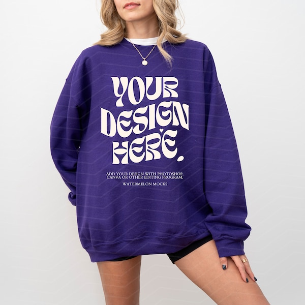 Gildan 18000 Purple Mockup Purple Sweatshirt Mockup Oversized Purple Crewneck Mockup Model 18000 Gildan Purple Mock up Trendy G180 Mockup