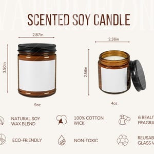 Tabela de tamanhos de velas de soja perfumadas e detalhes do produto Guia de tamanhos de velas e principais recursos Maquete Ferramenta de listagem de POD Instruções de cuidado para velas