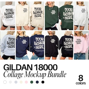 Gildan 18000 Mockup-Bundle: Vorder- und Rückseite des Sweatshirts, Schwarz-Weiß-Mockup, Druck auf der Rückseite, Oversized-Sweatshirt, Komplettes Shop-Bundle Bild 1