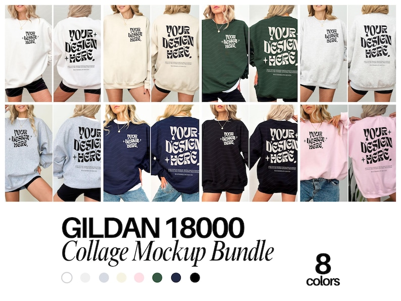 Gildan 18000 Mockup-Bundle: Vorder- und Rückseite des Sweatshirts, Schwarz-Weiß-Mockup, Druck auf der Rückseite, Oversized-Sweatshirt, Komplettes Shop-Bundle Bild 1