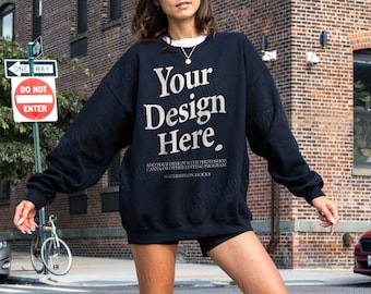 Gildan 18000 Mockup Gildan Black Sweatshirt Mockup Sweatshirt Model Mockup Simple Mockup Black Gildan Oversized Crewneck Mockups Outdoors