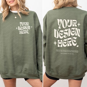 Front and Back Gildan 18000 Military Green Mockup Front Back Military Green Sweatshirt Mockup Oversized Green Model 18000 Gildan Crewneck