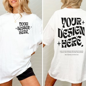 Couleurs confort devant et dos blanc C1717 Mockup blanc imprimé au dos T-shirt surdimensionné maquette modèle Gildan blanc Mockup 3001 T-shirt blanc