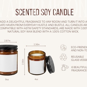 Tabela de tamanhos de velas de soja perfumadas e detalhes do produto Guia de tamanhos de velas e principais recursos Maquete Ferramenta de listagem de POD Instruções de cuidado para velas