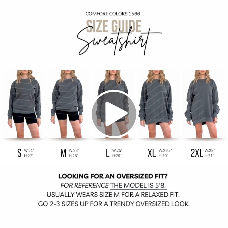 Comfort Colors 1566 Video Size Chart Oversized Sweatshirt Size Chart Canva Template POD Video Size Guide Mockup Shirt Unisex Mock Sizechart image 1