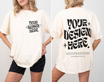 Comfort Colors Front and Back Ivory C1717 Ivory Mockup Front Back Natural Mockup Print on Back Oversized Tshirt Model Mockup Beige t-Shirt